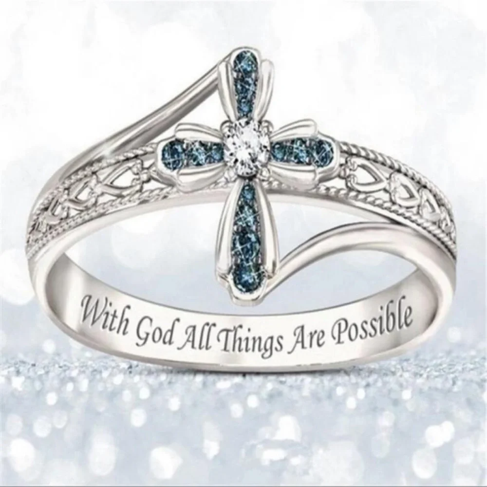 BLUE AND WHITE RHINESTONE CROSS RING - Picture 3 of 5
